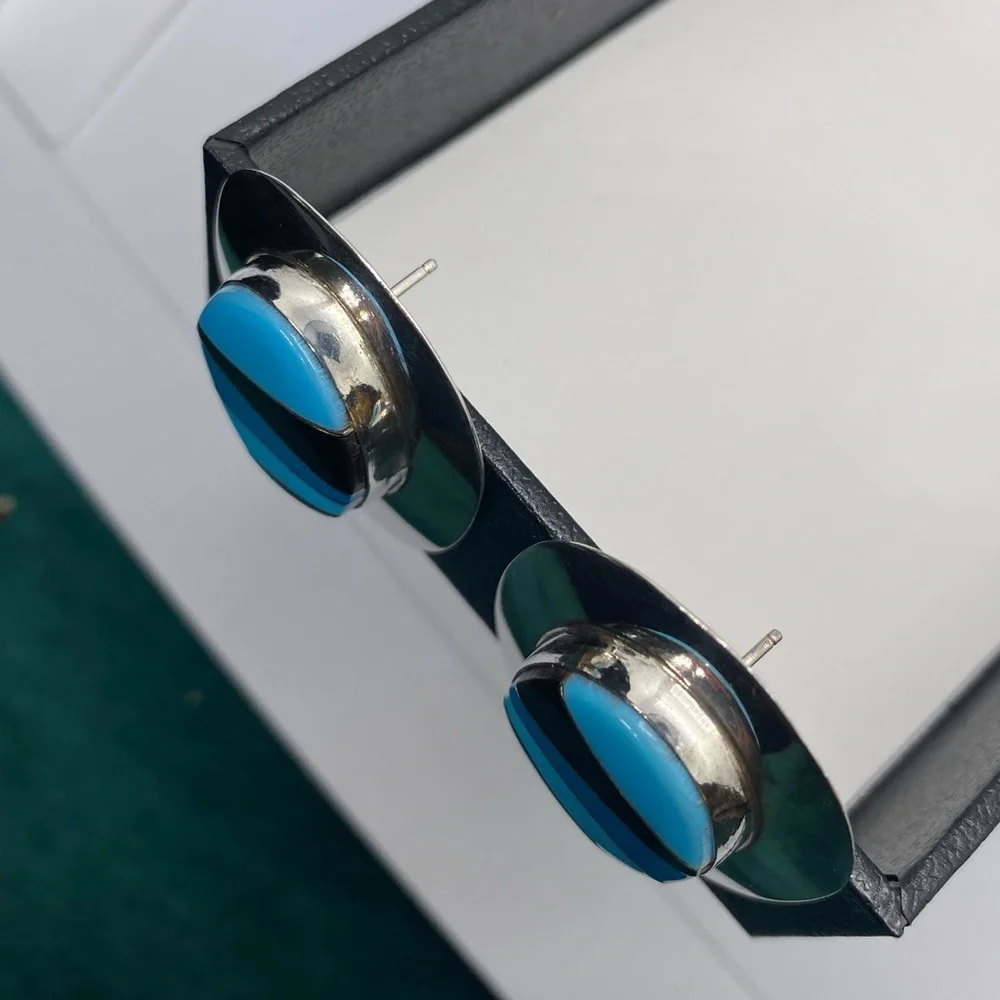 Sterling Silver Block Multi Stone Inlay Post Earrings SIGNED turquoise Navajo - Picture 8 of 16